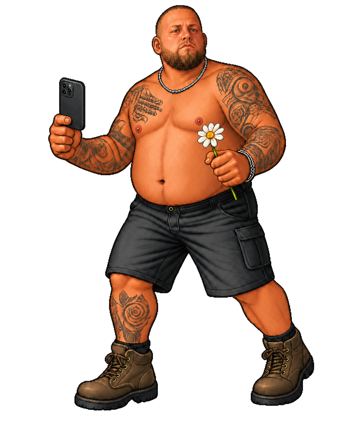 Shubes holding his phone and a daisy