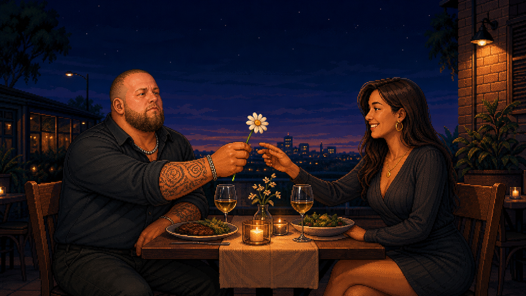 Shubes offering a daisy across a candlelit dinner table